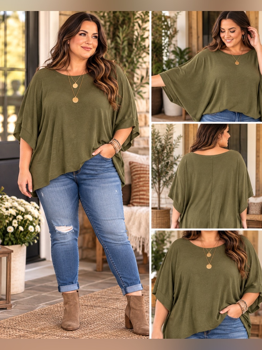 Dokotoo Olive Green Oversized Batwing Sleeve Top 2XL Boho Casual